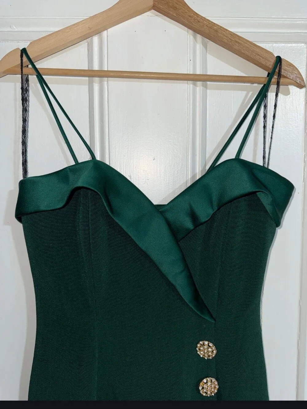 Vintage‎ Deep Green Spaghetti Strap Maxi Dress with Gold Buttons
